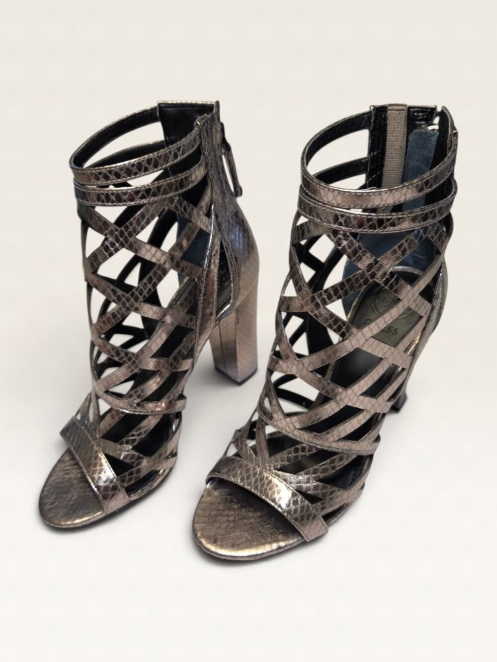 GUESS Metallic Bronze Snake Caged High Heels 7M